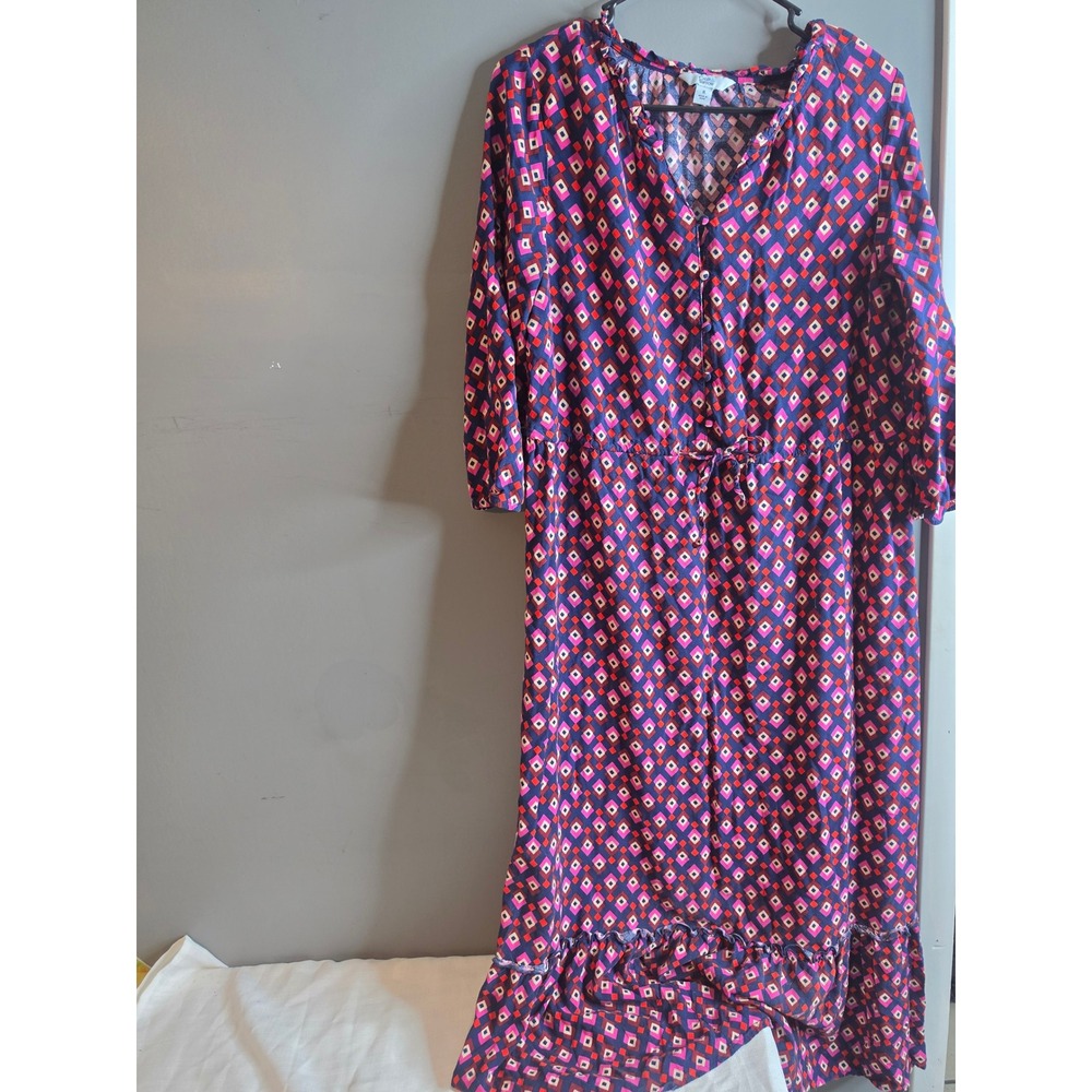 Croft & Barrow Geometric Diamond Print Drawstring Waist Midi Dress Pink Navy M
